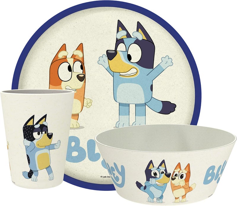 Zak Designs Bluey Kids Dinnerware Set 3 Pieces, Durable and Sustainable Melamine Bamboo Plate, Bowl, and Tumbler are Perfect For Dinner Time With Family (Bluey, Bingo, Bandit, Chilli) - Image 1